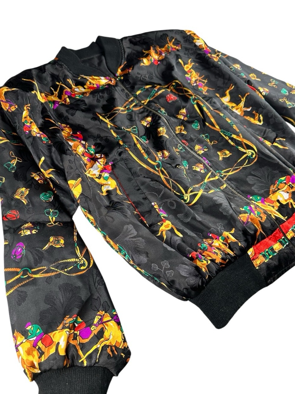 Vintage Style Equestrian Scarf Print Reversible Satin Bomber Jacket - Picture 4 of 12